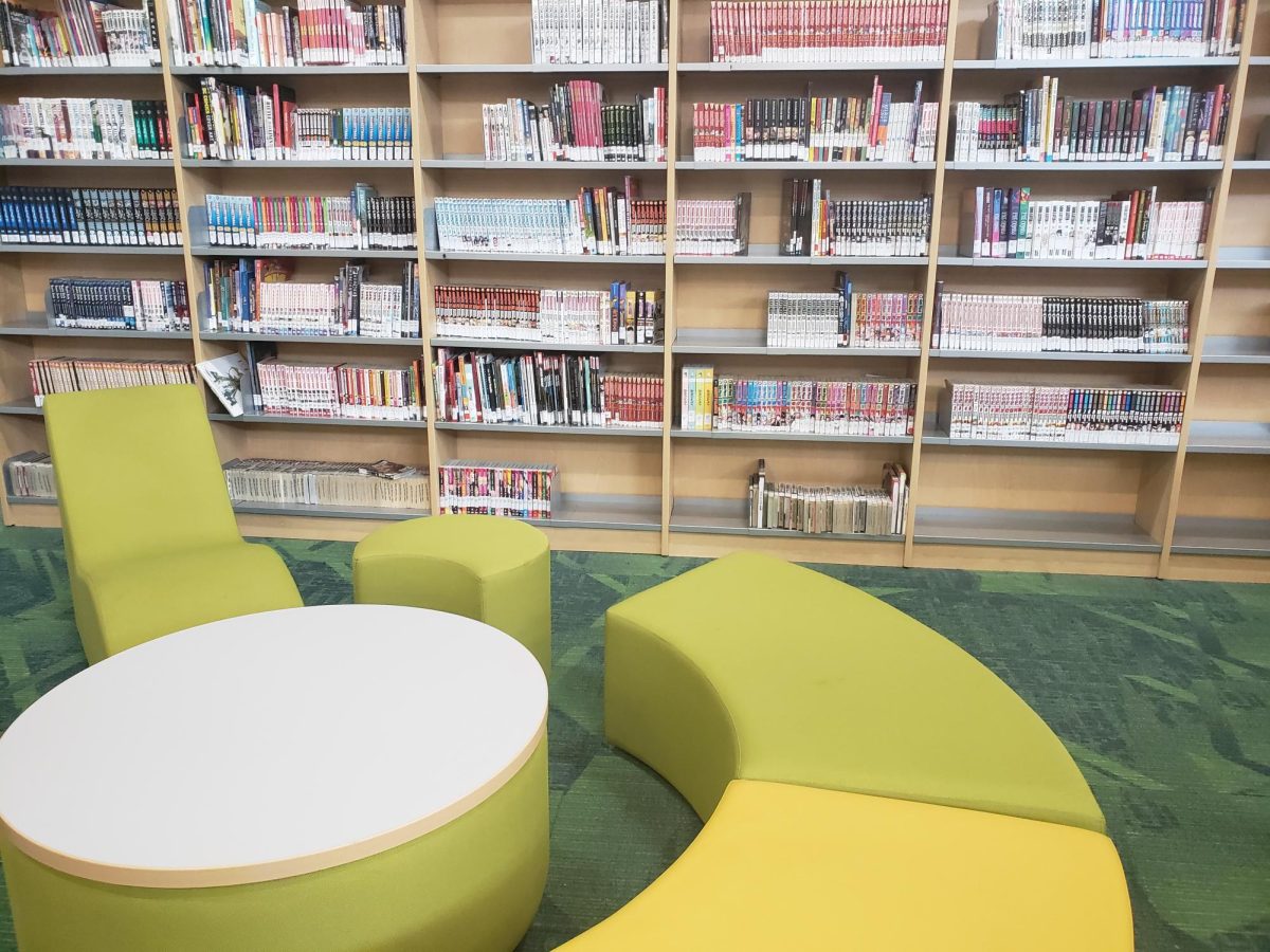 Student sitting area beside the graphic novels in the library